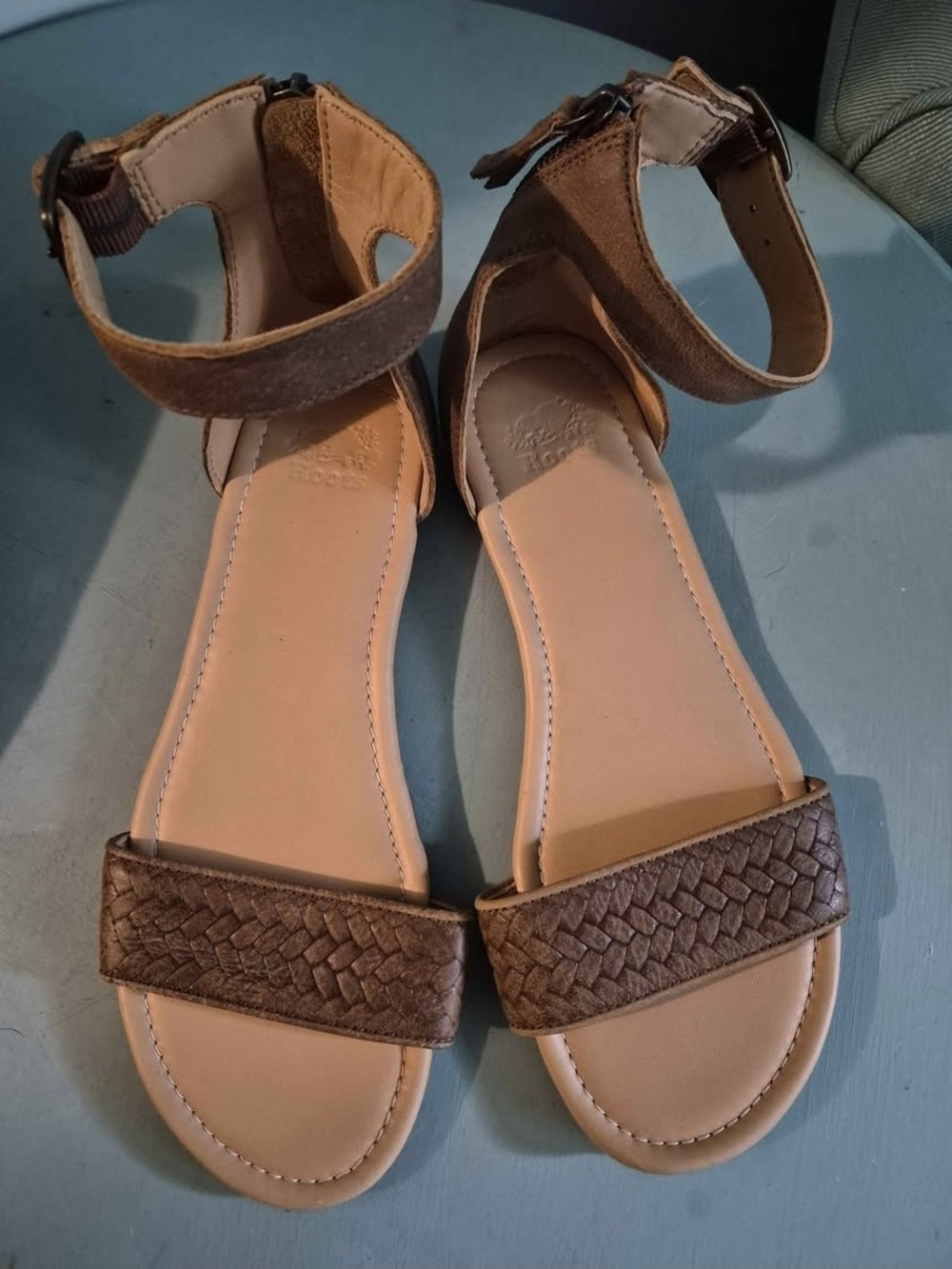 Roots Brown Leather Braided Ankle Strap Sandals Size 8.5